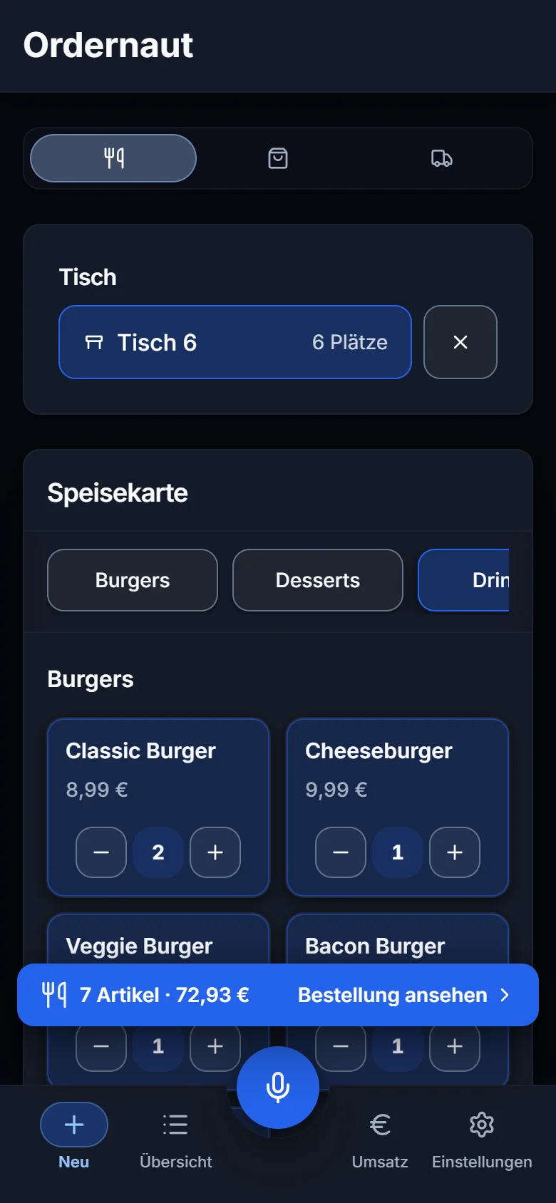 Ordernaut auf dem Handy: dieselbe Bestellung mit Speisekarte und Sprachbestellung